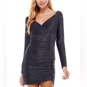 Crystal Doll Shimmering Black/Silver Ruched Long Sleeve Mini Dress(Size: 3)